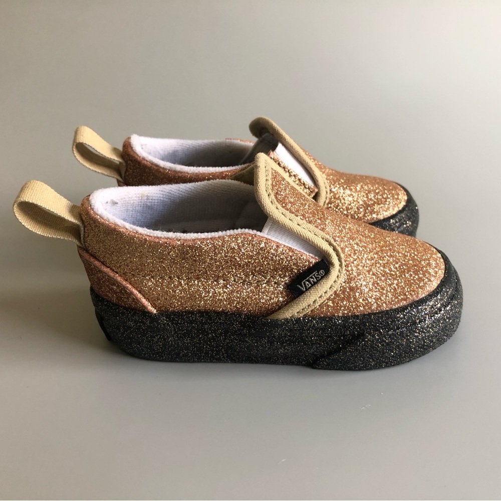VANS TODDLER SLIP-ON VELCROW SNEAKER PARTY GLITTER BLACK GOLD Size: US 4 EUR 19